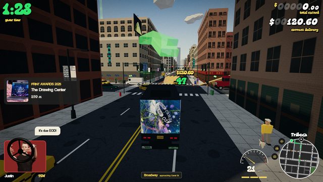 The truck on Broadway approaching Canal St with traffic and a pedestrian