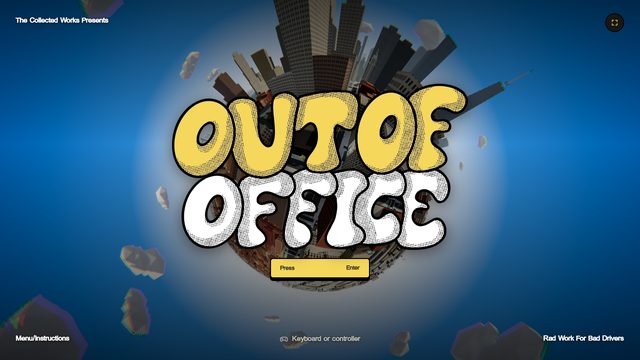 The title screen: the Out of Office lockup over a tiny-planet New York